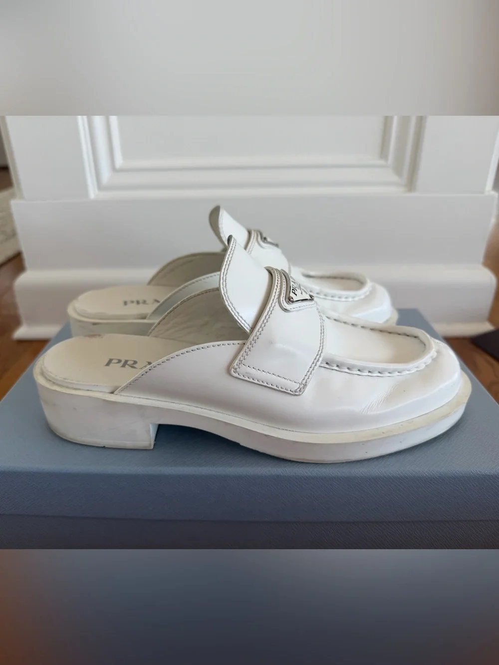 Prada White Triangle Logo Slip-On Loafers, size 38 - Picture 7 of 8